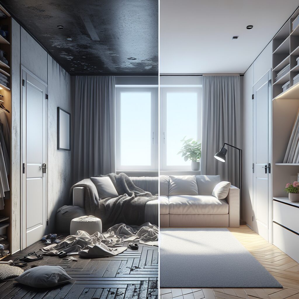 ビフォーアフター—狭い部屋の左は高い家具で圧迫、右はロータイプで視線が抜ける