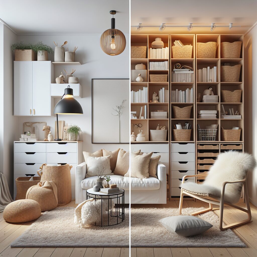 IKEAアイテムを使った実践ステップのシーン:BILLY書棚、KALLAX、POÄNG風チェア、ウールラグ、リネンカバー、3層照明の例(ビフォー・アフター構図)。