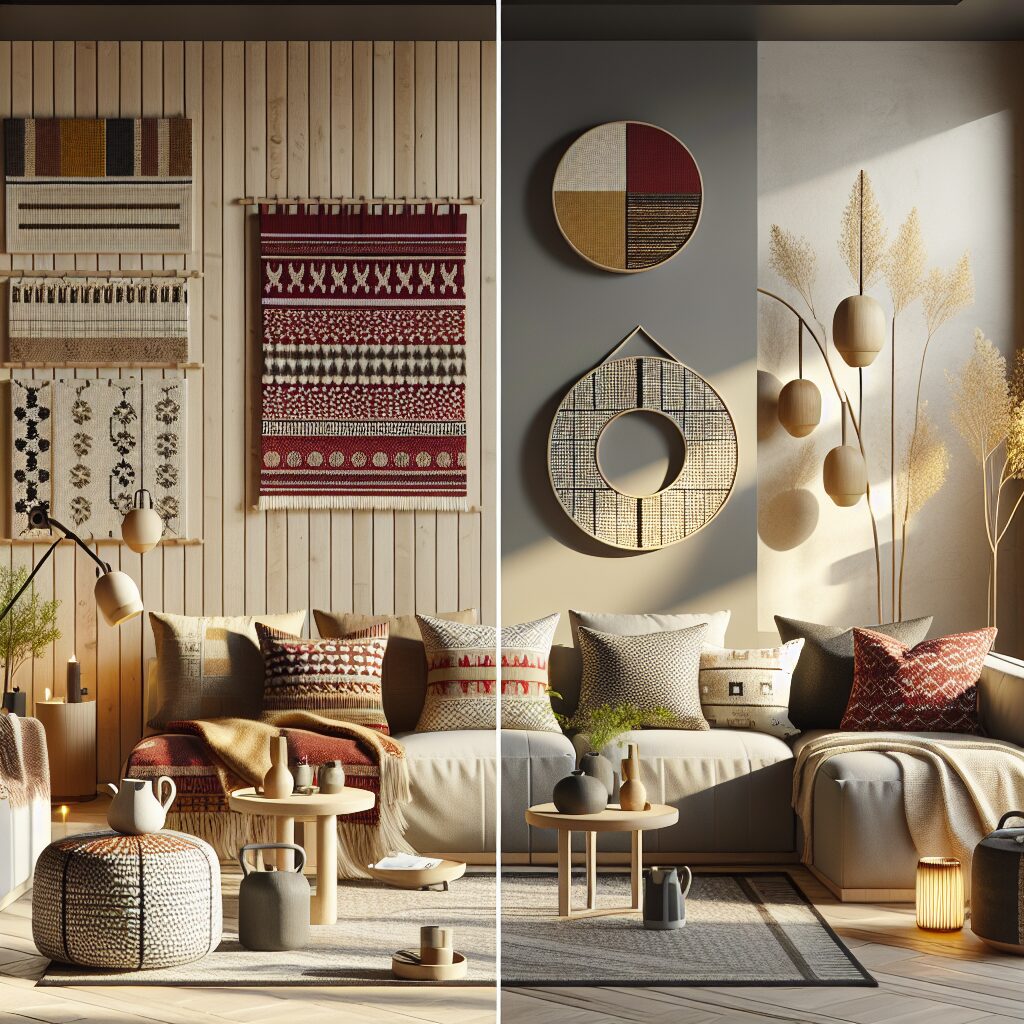 2024年トレンドを示すコラージュ風インテリア:Warm Minimalism、Swedish Roots、Modern Playfulness、Scandinavian Folkloreを4分割で表現。